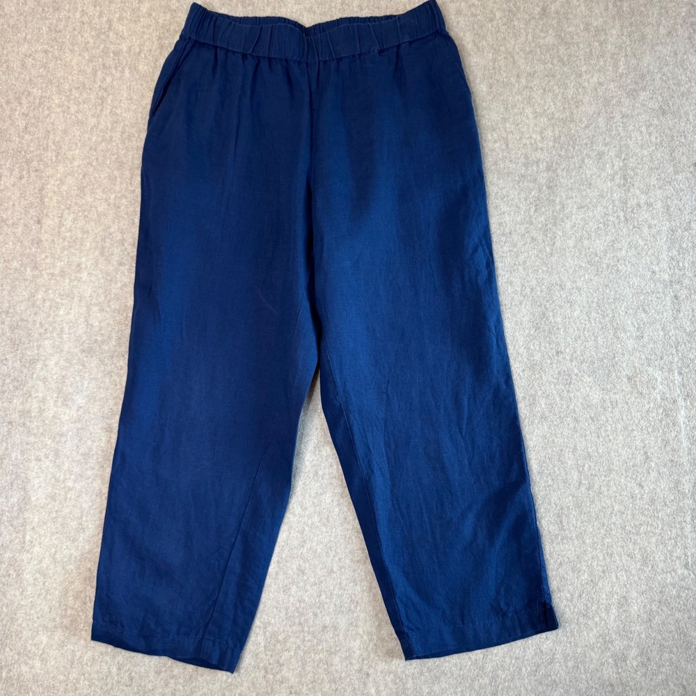Haven Well Within Linen Crop Pants Womens L Blue Relaxed Straight Elastic Waist